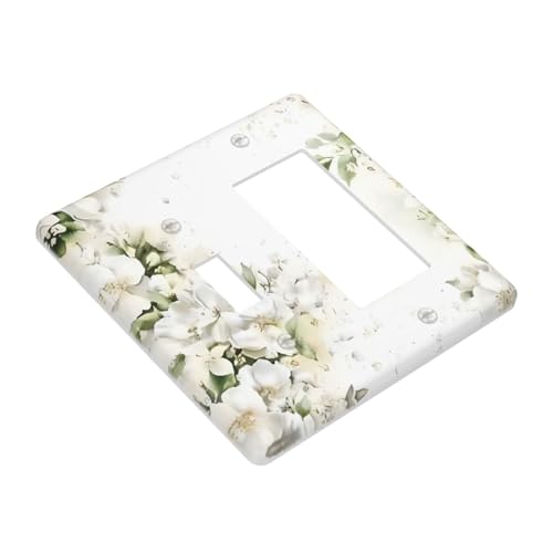 Decorative Outlet Covers Rustic Ink Green Leaves White Florals Flower 2 Gang Outlet Cover Wall Plate Single Toggle Rocker Light Switch Cover Plate Switch Plate Covers for Bedroom Decor
