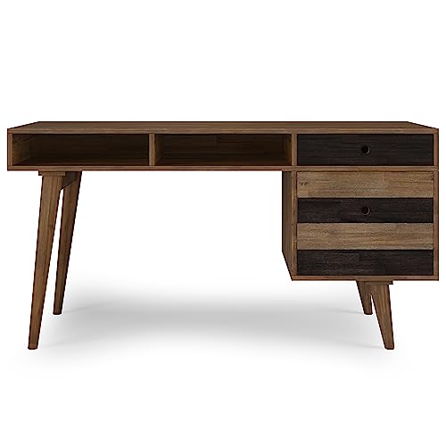 Image of SIMPLIHOME Clarkson Desk - 60 Inch Wide Solid Acacia Wood Writing Desk in Rustic Natural Aged Brown, Contemporary Home Office Computer Table for Study with 2 Side Drawers and Open Storage Compartments