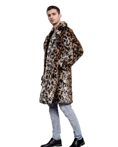 UMREN Mens Warm Leopard Faux Fur Coats Jacket Long Luxury Overwear Parka Cardigans4