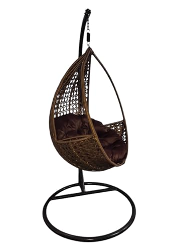 Image of Hindoro Rattan Wicker Wrought Iron Single Seater Swing Chair with Stand & Cushion & Hook Outdoor || Indoor || Balcony || Garden || Patio || Living Outdoor Furniture (Golden, Oval)