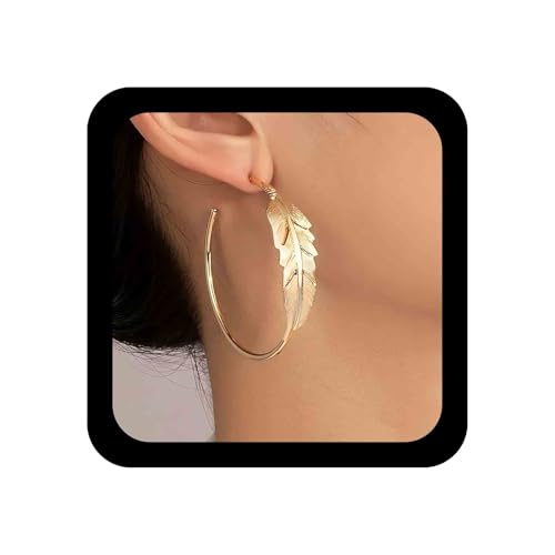 Vacaonio Bohemia Metal Feather Hoop Earrings Gold Leaf Open Hoop Earrings Large Round Half Hoop Earrings C Shape Statement Earrings Feather Hoop Earrings Jewelry for Women