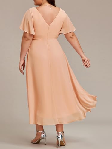 Image of Ever-Pretty Plus Summer Short Sleeves V-Neck Formal Wedding Guest Dresses for Curvy Women Chiffon Midi Cocktail Party Dress