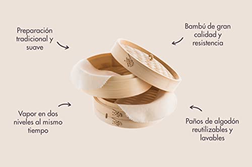Reishunger-Vaporera-de-bambu-O-20-cm-2-Pisos-para-arroz-Dim-Sum-Verduras-Pescado-y-Carne-Incluye-2-Toallas-de-algodon-para-2-Personas