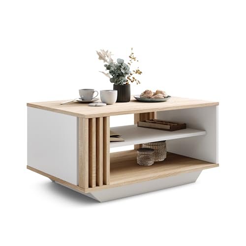Viosimc Table Basse Moderne avec Lattes Décoratives en Bois et Étagère, Élégante Table Rectangulaire pour Salon – Chêne Sonoma & Blanc