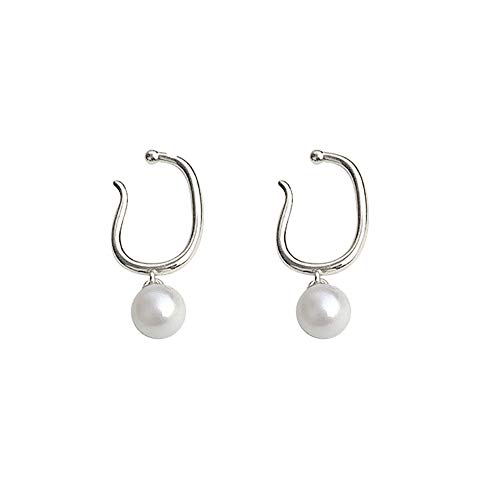 NC Huggie Pearl Ear Cuff No Piercing Earrings for Women Girls 925 Sterling Silver Faux White Pearls Chain Drop Dangle Minimalist Retro Jewelry (Short)