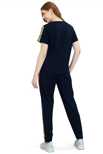 Image of ZEYO - Women's Cotton Typography Side Striped Night Suit Set of Top & Joggers Pajama Set