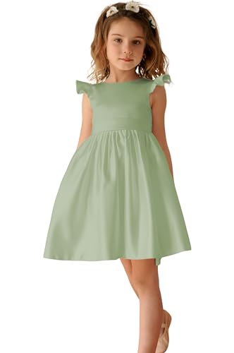 Ruffle Sleeve Flower Toddler Girl Dress for Wedding Silky Satin First Communion Dress Sage Satin Pageant Party Baptism Dresses Kids Birthday Gown with Bow-Knot Sage Size 6