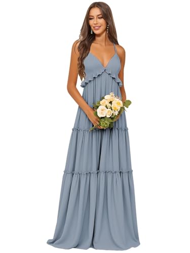TORYEMY Tiered Chiffon Bridesmaid Dresses for Women Long A Line Halter Formal Evening Dress Spaghetti Straps