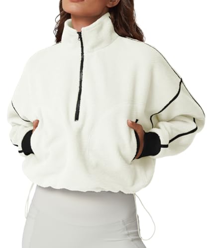 QINSEN Women Sherpa Coat Half Zip Long Sleeve Baggy Short Jacket Mock Neck Fleece Outwear Beige L