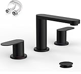 BWE Black Bathroom Faucet 3 Hole, Matte Black Bathroom Faucet 8 Inch Widespread, Pop-up Drain and Supply Lines, 360° Swivel Spout 2-Handle Bathroom Sink Faucets for Bath Vanity