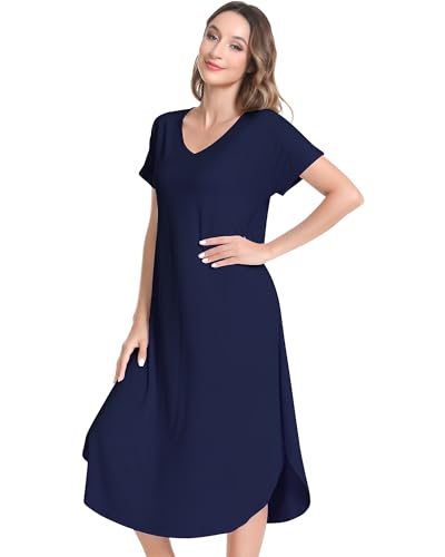 Image of NACHILA Nightgowns for Women-Viscose Made from Bamboo, V Neck Sleepshirts Short Sleeve Sleepwear Cool Nightshirt