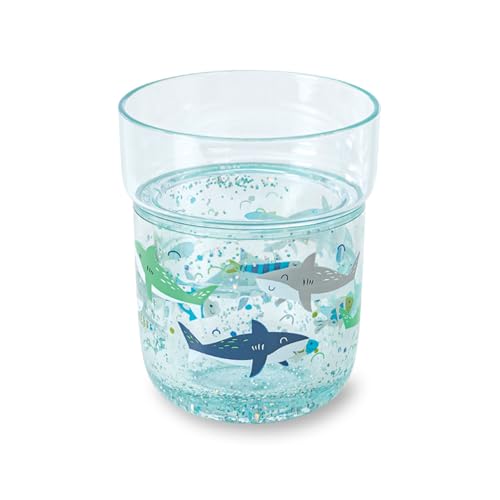 moses. Trinkbecher Glitzer Blau getönter Kunststoffbecher für Kinder mit Glitzer 260ml Kinderbecher zum Trinken lernen oder als Zahnputzbecher bruchsicher robust und langlebig (Hai)