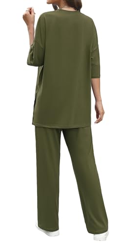 Womens 2 Piece Outfits Short Sleeve Set Wide Leg Pants Casual Trendy Pullover Lounge Set4