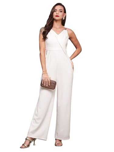 Image of Miss Chase Women's Halter Neck Sleeveless Solid Wide Leg Sequin Paneled Regular Length Jumpsuit