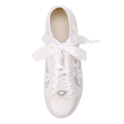 A580-06 Women's Wedding Bridal Sneakers Flats Bride Tennis Shoes Cutout Lace Sneakers Concert Low Cut Lace up Shoes3