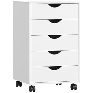 HOMCOM 5 Drawer Filing Cabinet, Vertical Under Desk Drawer, Modern Rolling Office Storage Organiser, White