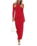 PRETTYGARDEN Women 2 Piece Outfits Long Sleeve Asymmetric Slit Hem Tops Midi Bodycon Skirt Sets Lounge Knit Sweater Set(Red,Small)