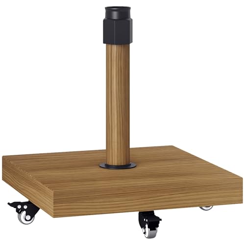 Outsunny Base pour parasol à roulettes avec freins, support pour parasol en métal avec béton, pour poteaux de parasols de Ø36/38/48 mm, effet bois naturel