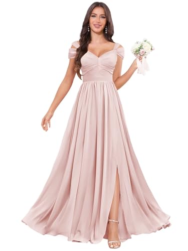 Off Shoulder Bridesmaid Dresses for Women - Long Chiffon Ruched Formal Evening Dress with Slit
