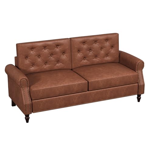 Brown-Couch-73-inch-Sofa-Couch-Faux-Leather-Couch-Office-Couch-with-Wooden-Legs-Vintage-Couch-with-Rolled-Armrests-Mid-Century-Modern-Couch-for-Living-Room-Small-Apartment Brown Couch 73 inch Sofa Couch Faux Leather Couch Office Couch with Wooden Legs Vintage Couch with Rolled Armrests Mid Century Modern Couch for Living Room Small Apartment