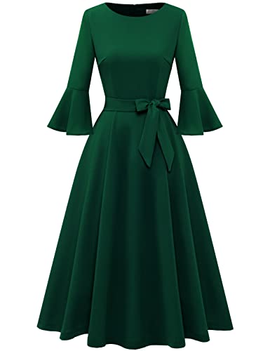 Image of HomRain Women's Church Dresses Modest Bell Sleeve Wedding Guest Cocktail Tea Party Vintage Evening Dress