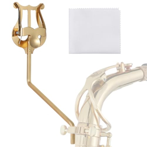 Alto Saxophone Sheet Music Clip, Vertical Marching Music Holder with Cleaning Cloth for Tenor Saxophone, Alto Tenor Sax Music Lyre Replacement, Sturdy Sax Clip for Beginners and Professionals (golden)