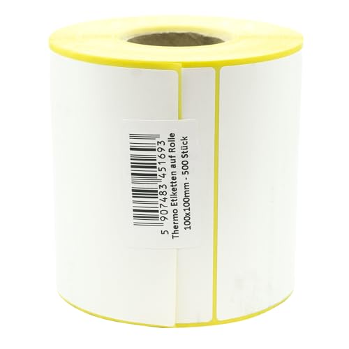MD Labels - Etiquetas térmicas blancas en rollo de 100 x 100 mm, 500 unidades, adhesivo permanente, para código de barras, etiquetas adhesivas blancas para escribir