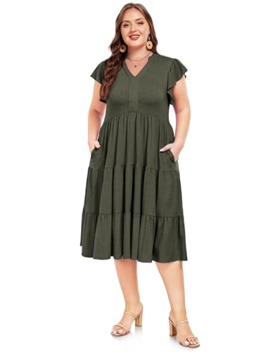 Moon Wood Womens Plus Size V Neck Ruffle Midi Dress 2025 Summer Casual Flowy Tiered Dresses with Pockets2