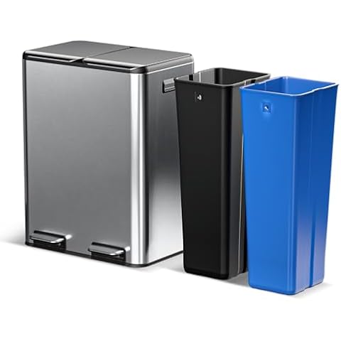 Home Zone Living 15.8 Gallon Kitchen Trash Can with Dual Removable Liners for Recycling and Trash, Stainless Steel Build with Soft and Slow Closing Lid, Silver Cover
