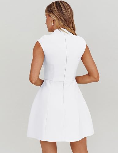 Image of YMDUCH Women's Summer Cap Sleeve Mock Neck Slim Fit A-line Mini Party Dress White