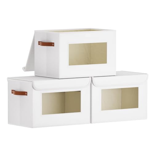 YheenLf Lot de 3 Boîte de Rangement Pliable, Boite avec Couvercle et 2 Poignée, Panier avec Fenêtre Transparente, pour Chambre à Coucher, Salon, Armoire,...