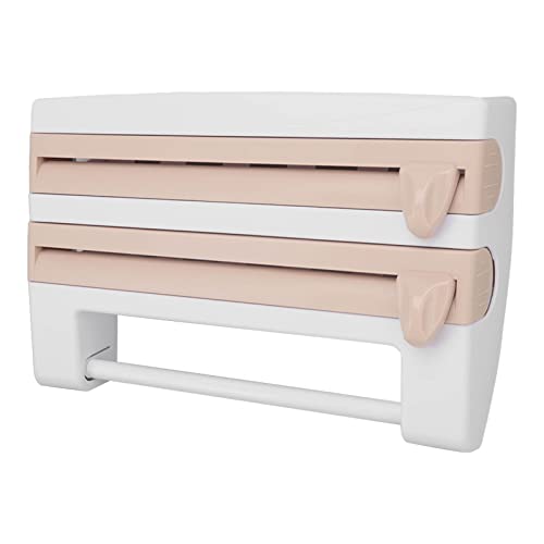 Dispensador de Envoltura de Plástico con Cortador Plástico, Envoltura Montaje Pared la Pared Multifuncional Cortador Película Adhesivo con Tornillos Saran para Almacenar Toallas Papel, (Caqui)