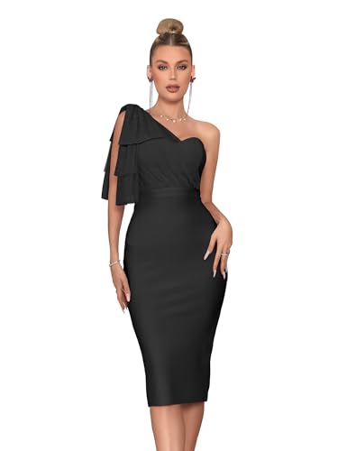Image of Mesh One Shoulder Bow Bodycon Midi Graduation Birthday Dinner Dress Bandage Party Dress