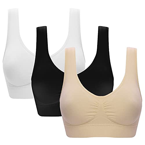 Jamron Femme Lot de 3 Soutiens-Gorge Confortables sans Couture sans Armature Brassière avec Coussinets Amovibles pour Sports Yoga Noir + Blanc + Beige 5XL