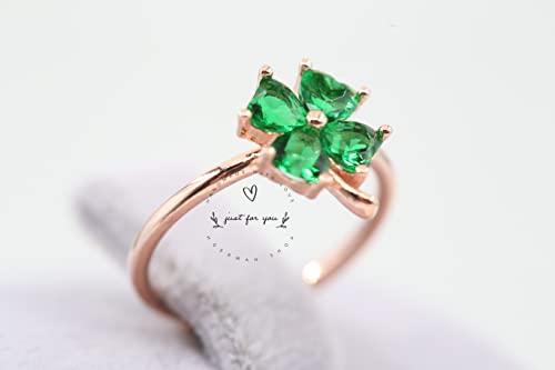 Emerald Green Four Leaf Clover Sterling Silver Adjustable Ring, Handmade Jewelry, Gifts For Her, Dainty Ring #TOP5