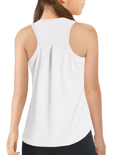 Haloumoning Girls Athletic Tank Tops Kids Racerback Sleeveless Workout Running Sports Shirts 5-14 Years White
