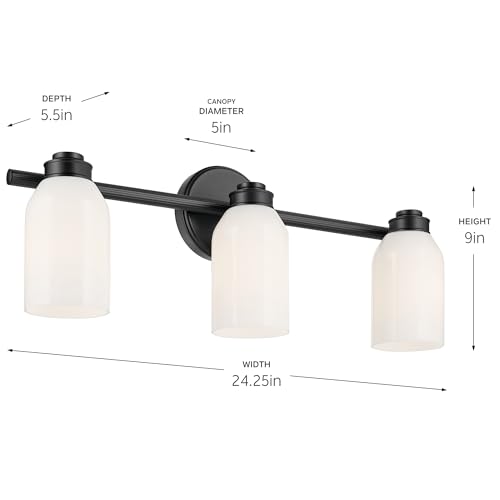 Image of Kichler Shae 3-Light Bathroom Vanity Light, Black | White opal glass vanity light for modern bathroom mirrors (24.25 inch x 9 inch), 55202BK
