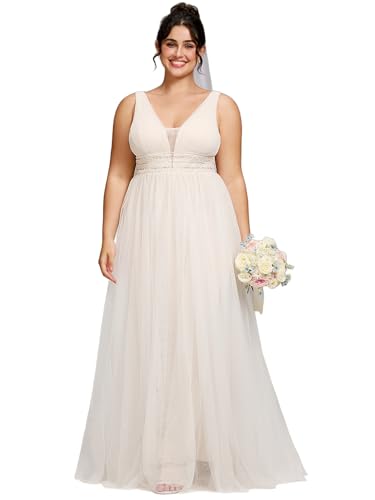Image of Ever-Pretty Plus Women's V Neck Sleeveless A Line Pleated Tulle Floor Length Bridal Dresses Ivory US14