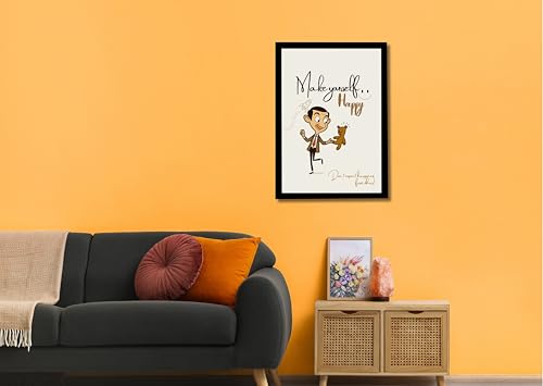 Image of MIRA MEST Make Yourself Happy Wall Art Frame | Positive Quote Artwork with Cartoon Man & Teddy | Self Happiness Motivational Poster | Ready to Hang Frame for Bedroom Living Room & Office Decor