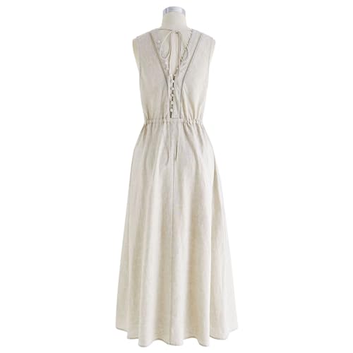 Image of CHICWISH Women V Neck Sleeveless Midi Long Dress Casual Button Beach Summer Vacation Linen Midi Dress with Side Pockets