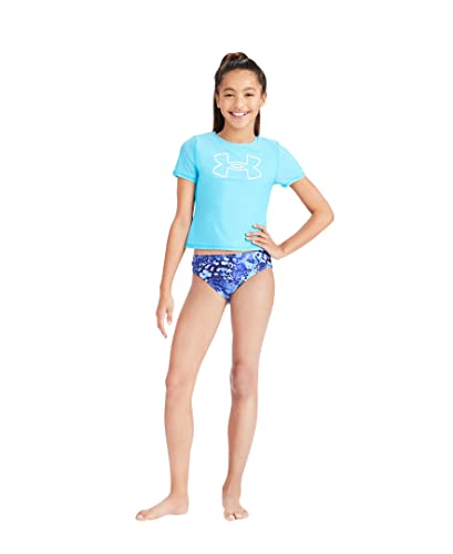 Image of Under Armour Girl's Short Sleeve Rashguard Surf Shirt and Swim Bottoms Set, UPF 50+ Sun Protection, Quick-Dry Bathing Suit
