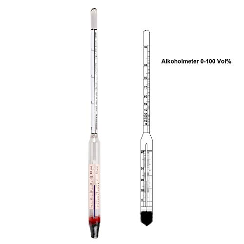 HHTEC Alkoholmeter 0-100 Vol% (mit Thermometer und Ausgleichsskala) Alkoholmessgerät, Alkoholspindel Aräometer geeignet für alle Spirituosen oder Destillate, Eintauchzylinder aus Hartplastik inkl.