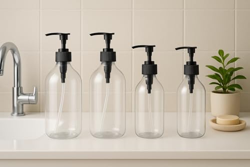 Image of Round Pump Bottle Soap Dispenser | Refillable Transparent Plastic Lotion Bottle | Empty Liquid Container for Soap, Shampoo, Lotion & Essential Oils (300+500ML Combo, Pack of 4)