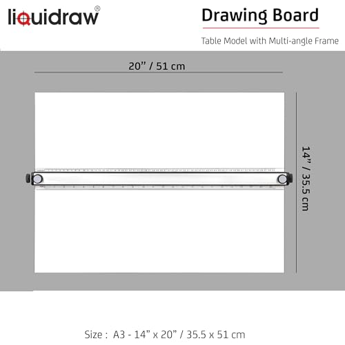 Liquidraw A3 Drawing Board with Parallel Motion - 14" x 20" Table Model | 6 Adjustable Angles | Includes Set Square & Board Clips | Drafting Board for Architects, Interior Designers & Art Students