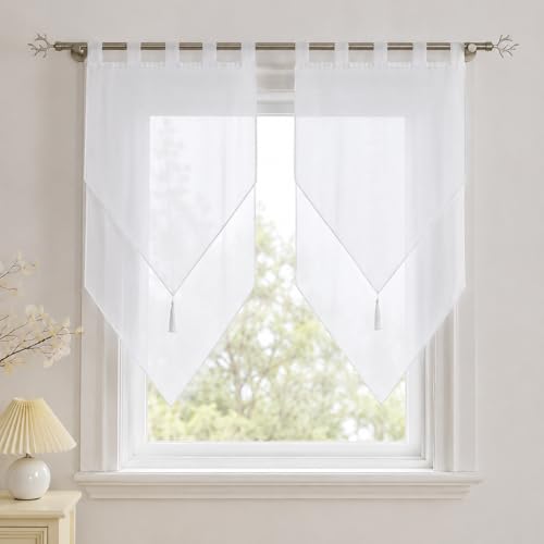 Yujiao Mao Rideau Cuisine Brise-Bise Transparent Blanc, 2 Panneaux, 45x90cm