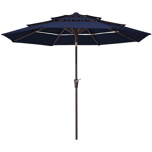 JEAREY 9FT 3 Tier Patio Umbrella Outdoor Market Umbrella Table Umbrellas with 8 Ribs 1.5 Pole Push Button Tilt and Crank UV Protection for Garden,Backyard,Pool,Navy Blue