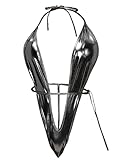 Yevin Womens Shiny Metallic Teddy Deep V Bodysuit One Piece High Cut Thong Lingerie Halter Backless Sleepwear Nightwear