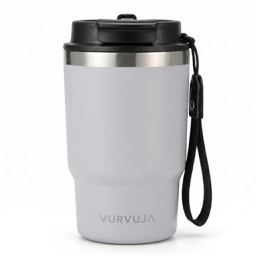 Vaso Termico 470ml de Acero Inoxidable 3en1 con Pajita y Tapa Antifugas. Taza Termica con Correa Integrada, Reutilizable y sin BPA. Termo Cafe para Llevar con Doble Pared para Frío y Calor. (Steel)