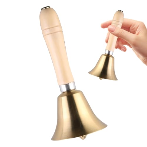 1 Classic Brass Hand Bell with Wooden Handle, Table Bell for School, Reception, Hotel Service, Meditation, Small Bell with Melodic Sound for Decoration and Prayer