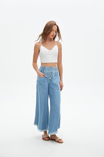 Women's Cropped Wide Leg High Waisted Baggy Jeans Raw Hem Button Closure Denim Pants with Pockets3